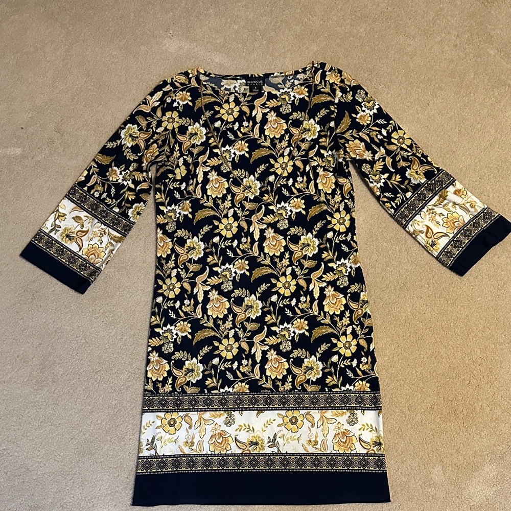 Enfocus Studio Black and Gold Floral Long Sleeve Dress